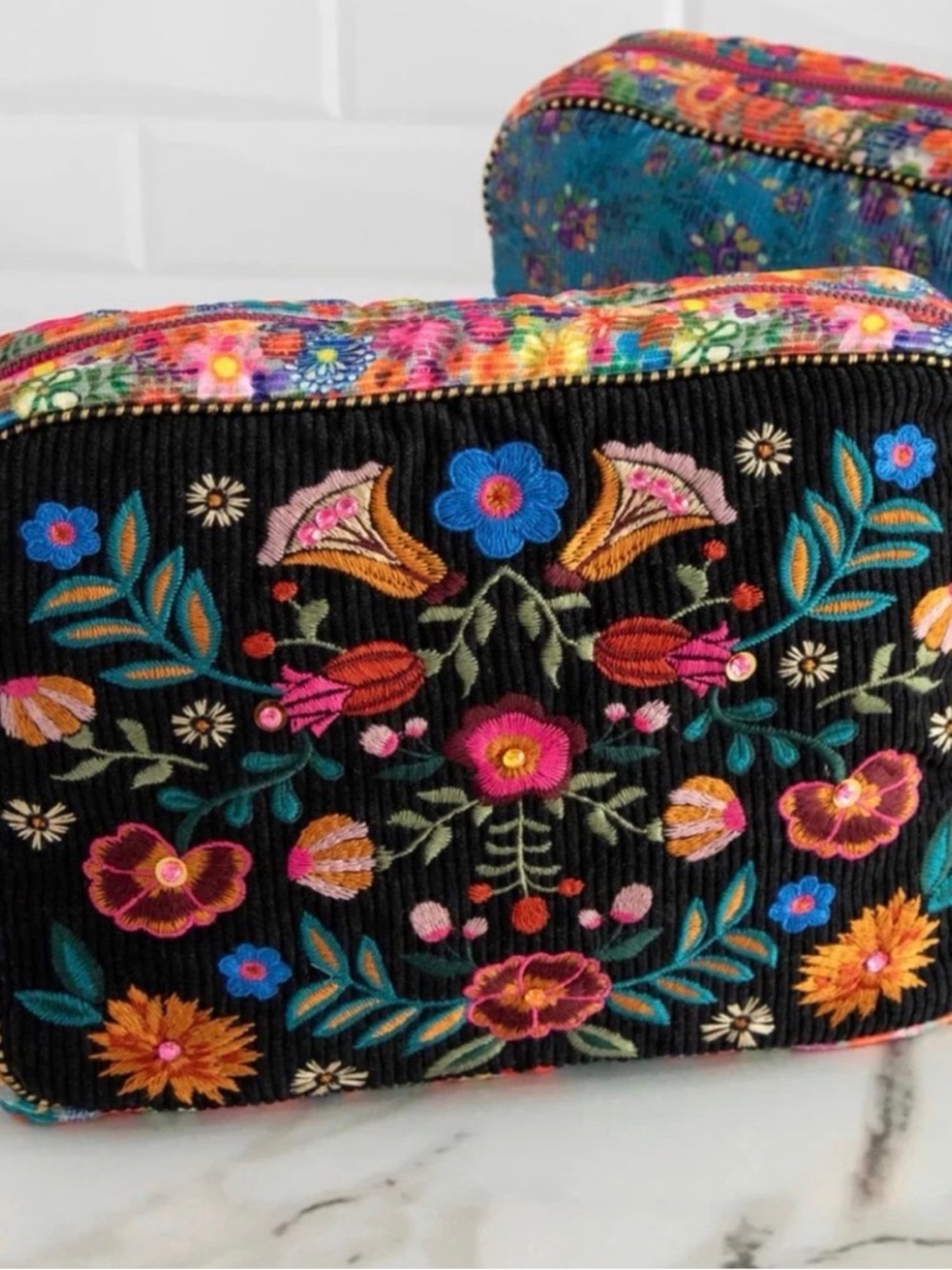 NWT NATURAL LIFE Black Corduroy Floral Embroidered Zip Pouch